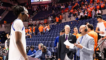 Jan 6, 2024; Gainesville, Florida, USA; Kentucky Wildcats forward Aaron Bradshaw (2) talks with ESPN broadcasters Jay Bilas and Dan Shulman after the game against the Florida Gators at Exactech Arena at the Stephen C. O'Connell Center. Mandatory Credit: Matt Pendleton-Imagn Images