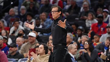 Apr 11, 2025; Philadelphia, Pennsylvania, USA; Atlanta Hawks head coach Quin Snyder reacts against the Philadelphia 76ers in the third quarter at Wells Fargo Center. Mandatory Credit: Kyle Ross-Imagn Images