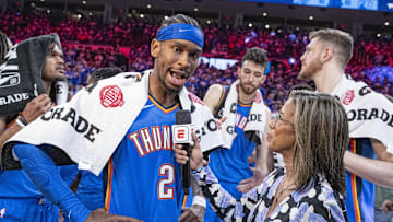 May 18, 2025; Oklahoma City, Oklahoma, USA; Oklahoma City Thunder guard Shai Gilgeous-Alexander (2) talks to a tv reporter following his teams win against the Denver Nuggets in game seven of the second round for the 2025 NBA Playoffs at Paycom Center. Mandatory Credit: Alonzo Adams-Imagn Images