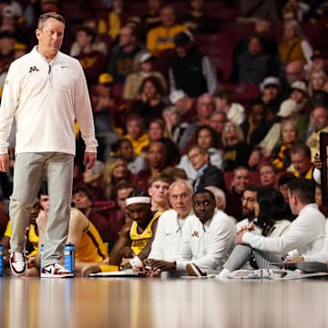 Nov 3, 2025; Minneapolis, Minnesota, USA; Minnesota Golden Gophers head coach Niko Medved looks on during the first half against the Gardner-Webb Runnin' Bulldogs at Williams Arena. Mandatory Credit: Matt Krohn-Imagn Images