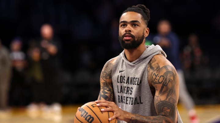 Mar 10, 2024; Los Angeles, California, USA;  Los Angeles Lakers guard D'Angelo Russell (1) warms up prior to the game against the Minnesota Timberwolves at Crypto.com Arena. Mandatory Credit: Kiyoshi Mio-USA TODAY Sports