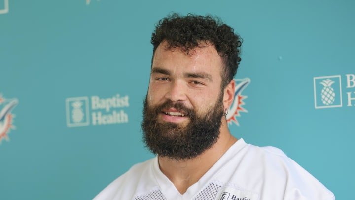 Jul 26, 2023; Miami Gardens, FL, USA; Miami Dolphins guard Connor Williams (58) talks to reporters during training camp at Baptist Health Training Facility. Mandatory Credit: Sam Navarro-USA TODAY Sports