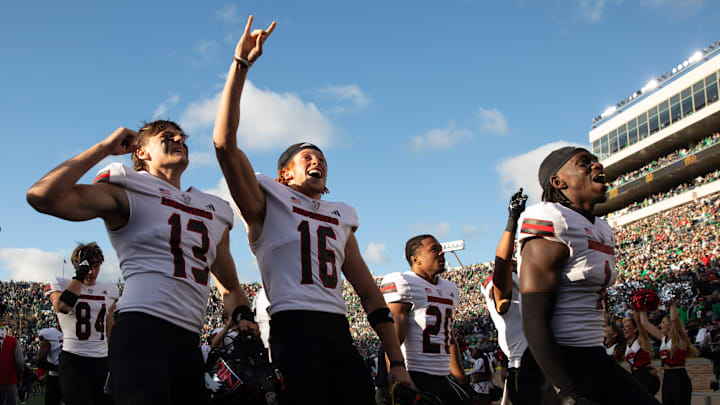 Northern Illinois celebrates after wining a NCAA college football game 16-14 against Notre Dame at Notre Dame Stadium on Saturday, Sept. 7, 2024, in South Bend.