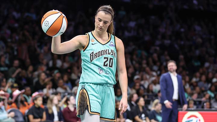 Jul 7, 2026; Brooklyn, New York, USA;  New York Liberty guard Sabrina Ionescu (20) throws the ball down in the fourth quarter against the Dallas Wings at Barclays Center. Mandatory Credit: Wendell Cruz-Imagn Images