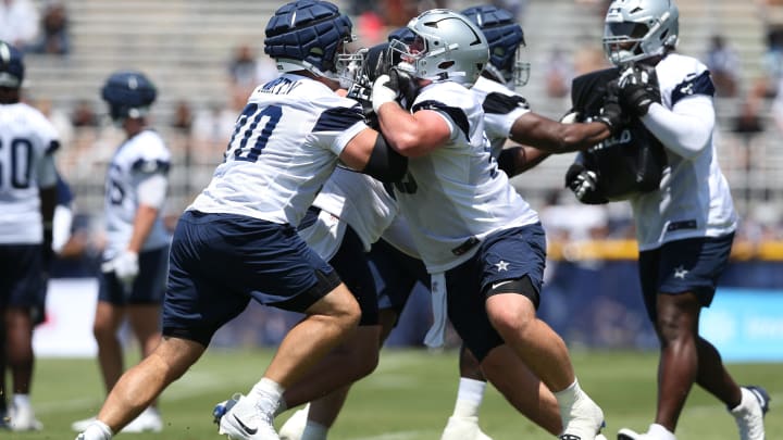 Jul 26, 2024; Oxnard, CA, USA; Dallas Cowboys guards Zack Martin (70) and Cooper Beebe (56) block during training camp at the River Ridge Playing Fields in Oxnard, California.