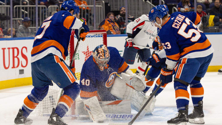 Nov 11, 2023; Elmont, New York, USA; New York Islanders goaltender Semyon Varlamov (40) makes a save