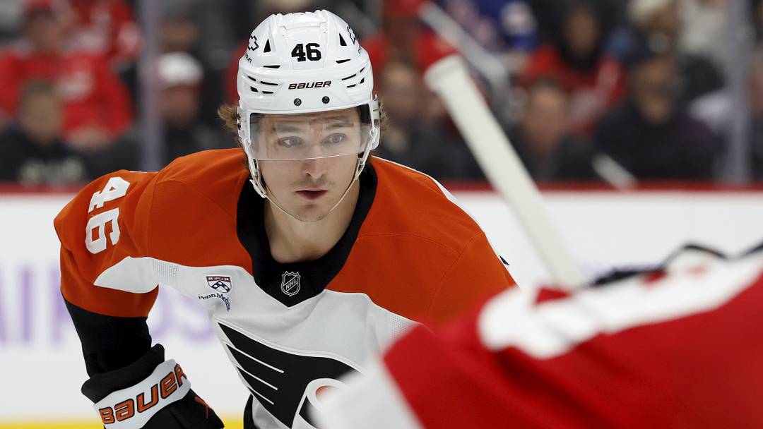 Oct 15, 2026; Detroit, Michigan, USA;  Philadelphia Flyers center Trevor Zegras (46) gets set during a face off in the first period against the Detroit Red Wings at Little Caesars Arena.  