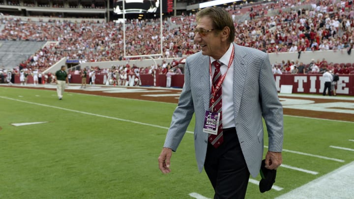 Sep 21, 2013; Tuscaloosa, AL, USA;  NFL former quarterback Joe Namath on the sideline before the start of the game against the Colorado State Rams at Bryant-Denny Stadium. Mandatory Credit: John David Mercer-USA TODAY Sports