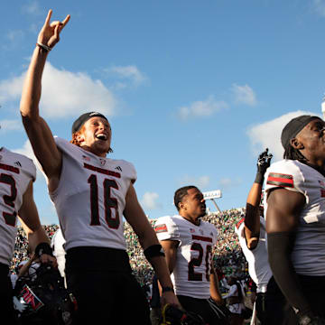 Northern Illinois celebrates after wining a NCAA college football game 16-14 against Notre Dame at Notre Dame Stadium on Saturday, Sept. 7, 2024, in South Bend.