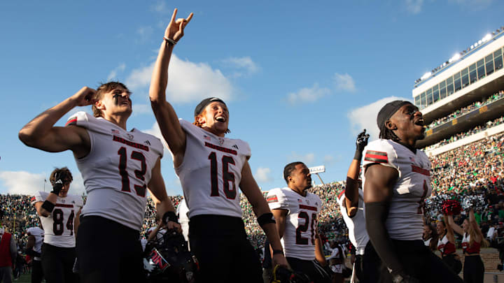 Northern Illinois celebrates after wining a NCAA college football game 16-14 against Notre Dame at Notre Dame Stadium on Saturday, Sept. 7, 2024, in South Bend.