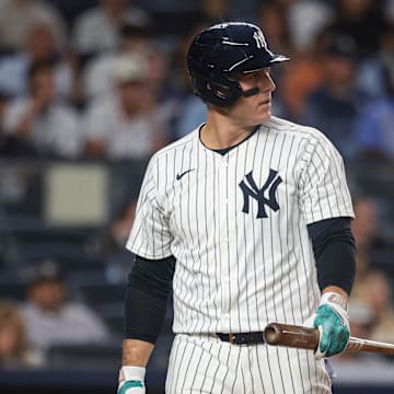 Sep 10, 2024; Bronx, New York, USA; New York Yankees first baseman Anthony Rizzo (48) looks back after striking out during the eighth inning against the Kansas City Royals at Yankee Stadium.