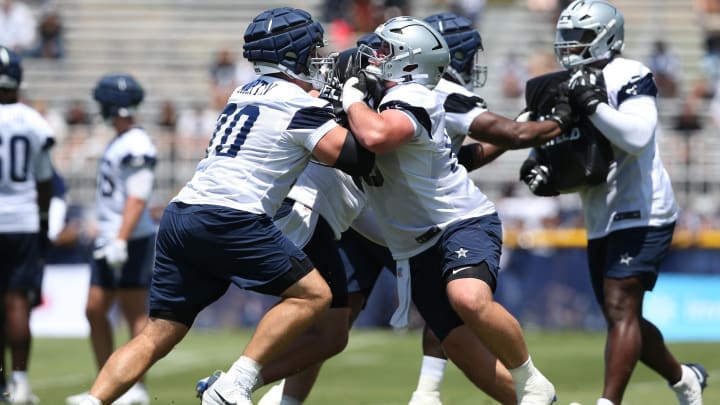 Dallas Cowboys guards Zack Martin (70) and Cooper Beebe (56)