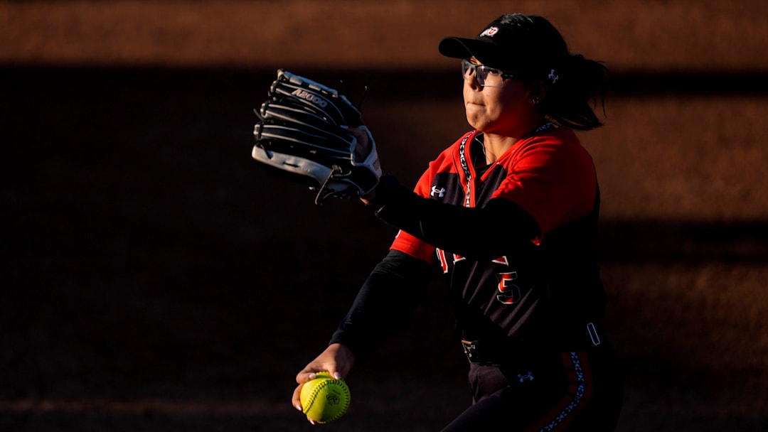 Utah's Brooklyn Carreon (5) pitches during an NCAA softball game between the Oklahoma State University Cowgirls (OSU) and the Utah Utes in Stillwater, Okla., Friday, May 2, 2025.
