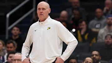 Feb 12, 2025; Washington, District of Columbia, USA; Indiana Pacers head coach Rick Carlisle looks on from the bench against the Washington Wizards in the second quarter at Capital One Arena. Mandatory Credit: Geoff Burke-Imagn Images