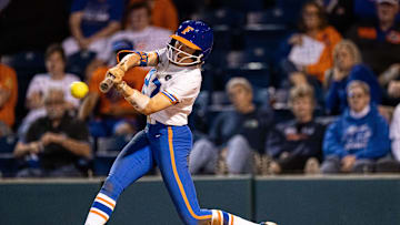 Florida Gators outfielder Kendra Falby (27) hits the ball against the LSU Tigers during the game at Katie Seashole Pressly Stadium at the University of Florida in Gainesville, FL on Monday, April 8, 2024. [Matt Pendleton/Gainesville Sun]