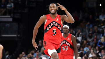 Jan 3, 2024; Memphis, Tennessee, USA; Toronto Raptors guard Immanuel Quickley (5) reacts after a three point basket during the first half against the Memphis Grizzlies at FedExForum. Mandatory Credit: Petre Thomas-Imagn Images