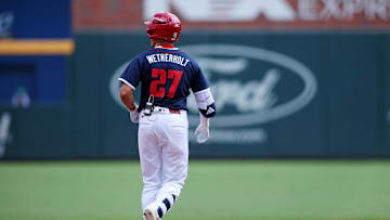 Jul 12, 2025; Atlanta, GA, USA;  National League infielder JJ Wetherholt (26) of the St. Louis Cardinals rounds the bases during the second inning against American League at Truist Park. Mandatory Credit: Brett Davis-Imagn Images