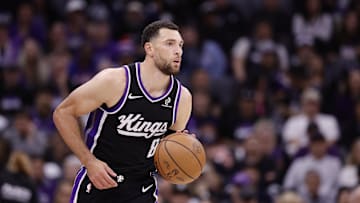 Oct 24, 2025; Sacramento, California, USA; Sacramento Kings guard Zach LaVine (8) controls the ball against the Utah Jazz during the second quarter at Golden 1 Center. Mandatory Credit: Kelley L Cox-Imagn Images