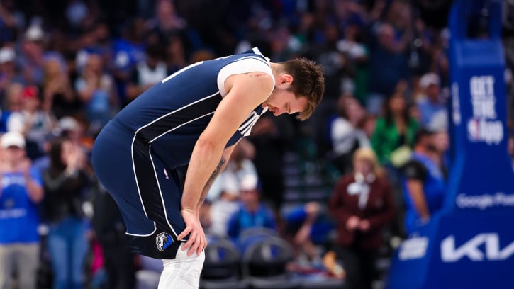 Apr 28, 2024; Dallas, Texas, USA;  Dallas Mavericks guard Luka Doncic (77) reacts during the second