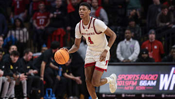 Feb 12, 2025; Piscataway, New Jersey, USA; Rutgers Scarlet Knights guard Ace Bailey (4) dribbles up court during the second half against the Iowa Hawkeyes at Jersey Mike's Arena. Mandatory Credit: Vincent Carchietta-Imagn Images