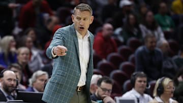Mar 23, 2025; Cleveland, OH, USA; Alabama Crimson Tide head coach Nate Oats coaches in the first half against the St. Mary's Gaels during the NCAA Tournament Second Round at Rocket Arena. Mandatory Credit: Rick Osentoski-Imagn Images