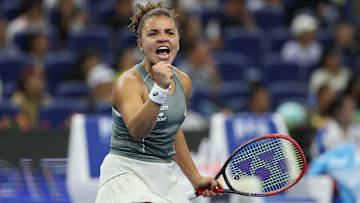 Jasmine Paolini pumps her first during a match at the China Open.