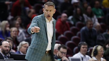 Mar 23, 2025; Cleveland, OH, USA; Alabama Crimson Tide head coach Nate Oats coaches in the first half against the St. Mary's Gaels during the NCAA Tournament Second Round at Rocket Arena. Mandatory Credit: Rick Osentoski-Imagn Images