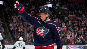 Mar 3, 2023; Columbus, Ohio, USA; Columbus Blue Jackets left wing Patrik Laine (29) reacts to scoring a goal during the second period against the Seattle Kraken at Nationwide Arena. Mandatory Credit: Jason Mowry-USA TODAY Sports