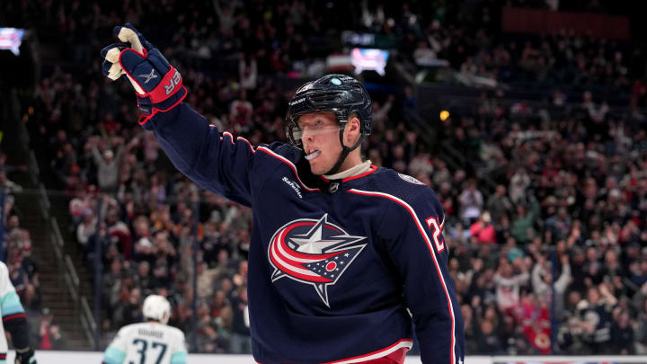 Mar 3, 2023; Columbus, Ohio, USA; Columbus Blue Jackets left wing Patrik Laine (29) reacts to scoring a goal during the second period against the Seattle Kraken at Nationwide Arena. Mandatory Credit: Jason Mowry-USA TODAY Sports