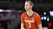 Feb 22, 2025; Dallas, Texas, USA; Clemson Tigers guard Jake Heidbreder (3) in action during the game between the SMU Mustangs and the Clemson Tigers at Moody Coliseum