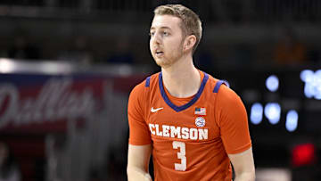 Feb 22, 2025; Dallas, Texas, USA; Clemson Tigers guard Jake Heidbreder (3) in action during the game between the SMU Mustangs and the Clemson Tigers at Moody Coliseum