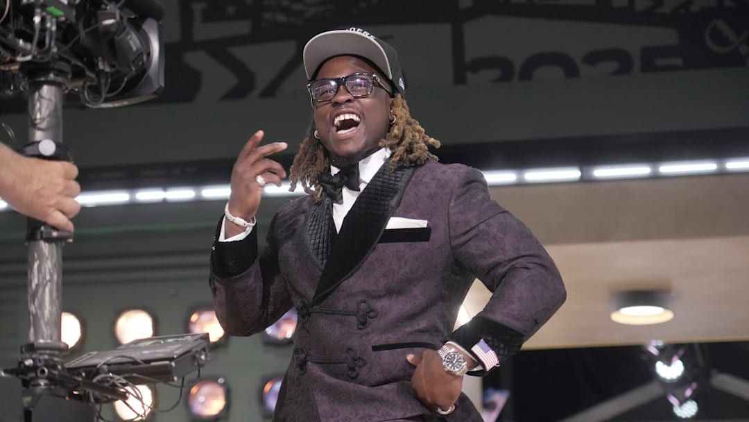Ashton Jeanty poses after being selected sixth overall by the Las Vegas Raiders in the 2025 NFL Draft at Lambeau Field.