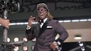 Ashton Jeanty poses after being selected sixth overall by the Las Vegas Raiders in the 2025 NFL Draft at Lambeau Field.