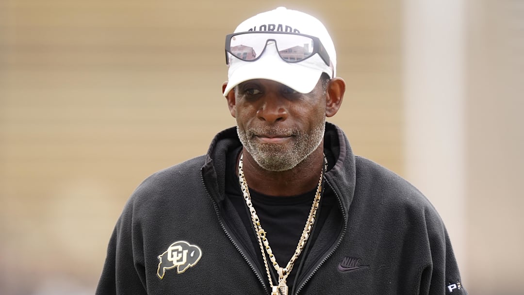 Oct 11, 2025; Boulder, Colorado, USA; Colorado Buffaloes head coach Deion Sanders before the game against the Iowa State Cyclones at Folsom Field. Mandatory Credit: Ron Chenoy-Imagn Images