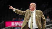 Mar 11, 2025; Kansas City, MO, USA; Colorado Buffaloes coach Tad Boyle reacts to game play during the first half against the TCU Horned Frogs at T-Mobile Center. Mandatory Credit: William Purnell-Imagn Images