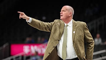 Mar 11, 2025; Kansas City, MO, USA; Colorado Buffaloes coach Tad Boyle reacts to game play during the first half against the TCU Horned Frogs at T-Mobile Center. Mandatory Credit: William Purnell-Imagn Images
