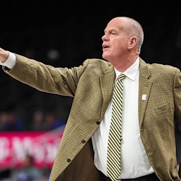 Mar 11, 2025; Kansas City, MO, USA; Colorado Buffaloes coach Tad Boyle reacts to game play during the first half against the TCU Horned Frogs at T-Mobile Center. Mandatory Credit: William Purnell-Imagn Images