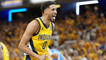 Jun 13, 2025; Indianapolis, Indiana, USA; Indiana Pacers guard Tyrese Haliburton (0) reacts after a play against the Oklahoma City Thunder during the second half during game four of the 2025 NBA Finals at Gainbridge Fieldhouse. Mandatory Credit: Kyle Terada-Imagn Images
