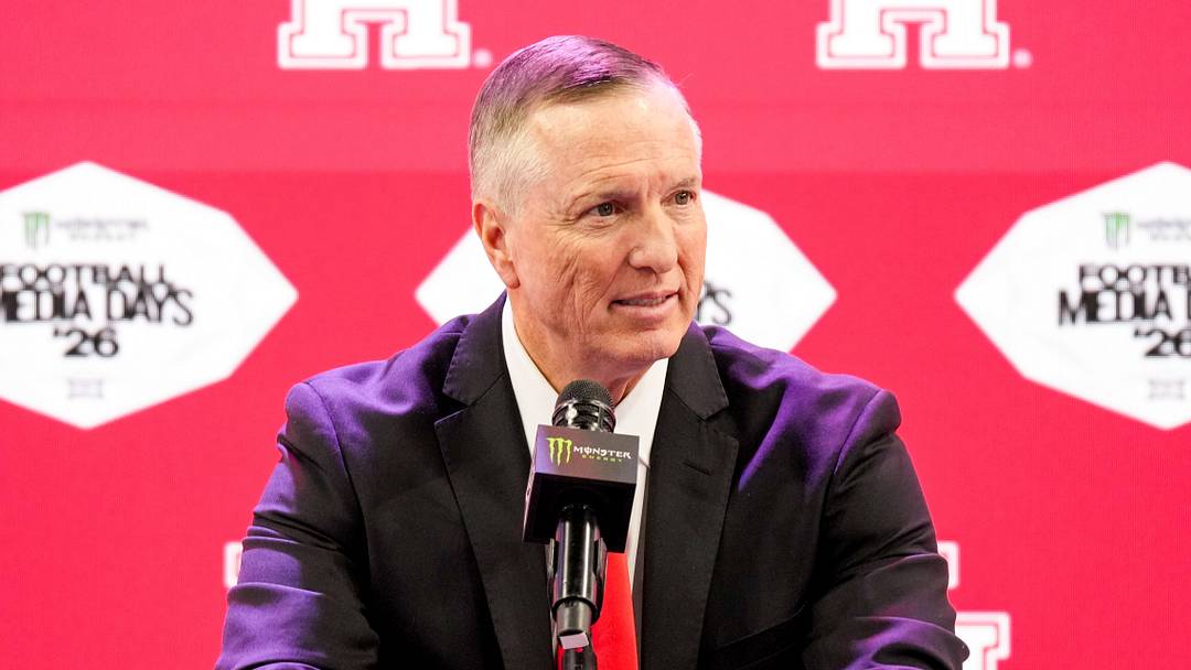Jul 7, 2026; Frisco, TX, USA;  Houston head coach Willie Fritz speaks to reporters during Big 12 Conference Football Media Days at The Star. Mandatory Credit: Raymond Carlin III-Imagn Images