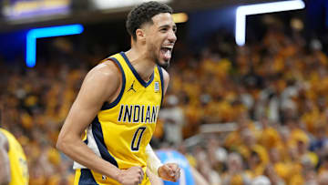 Indiana Pacers guard Tyrese Haliburton (0) reacts after a play against the Oklahoma City Thunder during the second half of Game 4 of the 2025 NBA Finals at Gainbridge Fieldhouse.