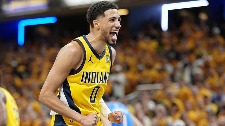Indiana Pacers guard Tyrese Haliburton (0) reacts after a play against the Oklahoma City Thunder during the second half of Game 4 of the 2025 NBA Finals at Gainbridge Fieldhouse.
