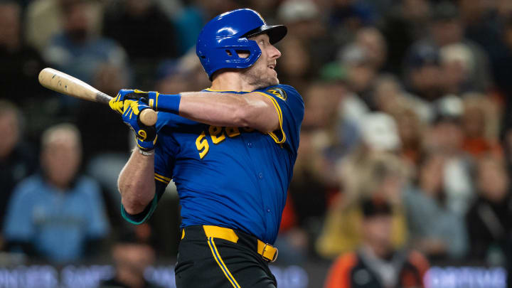 Seattle Mariners right fielder Luke Raley hits a RBI single against the San Francisco Giants on Friday at T-Mobile Park.