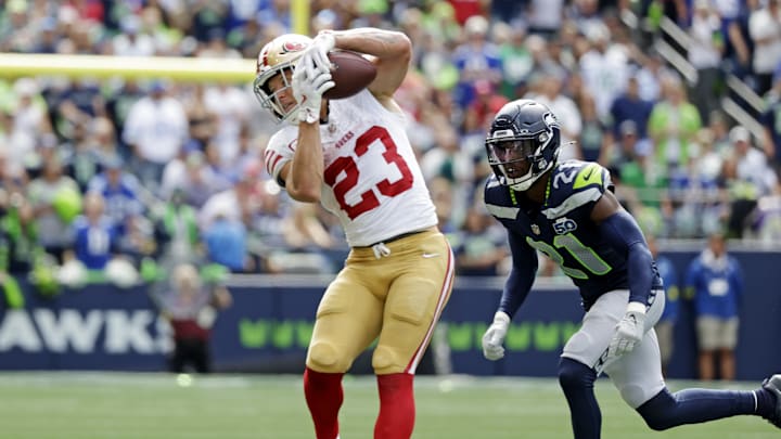 Sep 7, 2025; Seattle, Washington, USA; San Francisco 49ers running back Christian McCaffrey (23) runs the ball during the first half against San Francisco 49ers at Lumen Field. Mandatory Credit: Joe Nicholson-Imagn Images Sep 7, 2025; Seattle, Washington, USA; San Francisco 49ers running back Christian McCaffrey (23) runs the ball during the first half against San Francisco 49ers at Lumen Field. Mandatory Credit: Joe Nicholson-Imagn Images