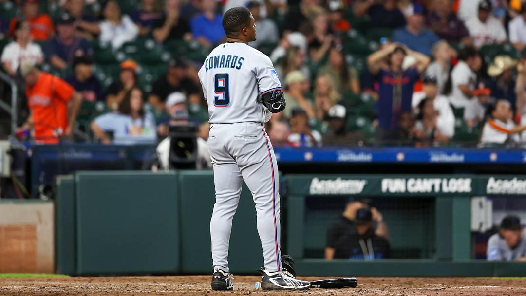 Miami Marlins second baseman Xavier Edwards (9) reacts after striking out with a man in scoring position. Miami Marlins second baseman Xavier Edwards (9) reacts after striking out with a man in scoring position.
