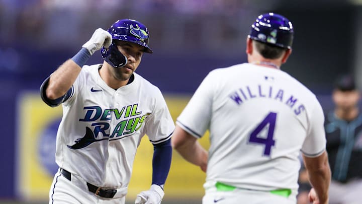 Aug 16, 2024; St. Petersburg, Florida, USA; Tampa Bay Rays outfielder Dylan Carlson (10) runs at the bases after hitting a home run against the Arizona Diamondbacks in the fifth inning at Tropicana Field. Mandatory Credit: Nathan Ray Seebeck-Imagn Images
