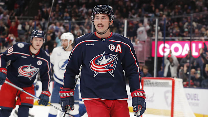 Nov 21, 2024; Columbus, Ohio, USA; Columbus Blue Jackets defenseman Zach Werenski (8) looks on  against the Tampa Bay Lightning during the second period at Nationwide Arena. Mandatory Credit: Russell LaBounty-Imagn Images