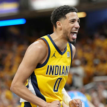 Indiana Pacers guard Tyrese Haliburton (0) reacts after a play against the Oklahoma City Thunder during the second half during game four of the 2025 NBA Finals at Gainbridge Fieldhouse.