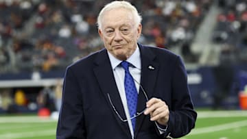 Jan 5, 2025; Arlington, Texas, USA;  Dallas Cowboys owner Jerry Jones before the game against the Washington Commanders at AT&T Stadium. Mandatory Credit: Kevin Jairaj-Imagn Images