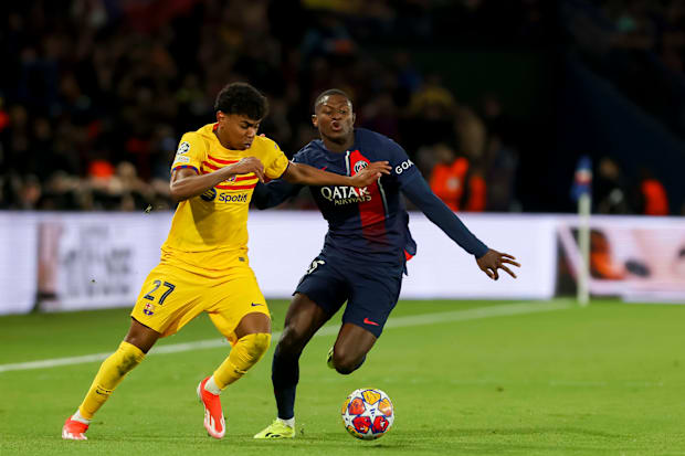 Barcelona winger Lamine Yamal against PSG