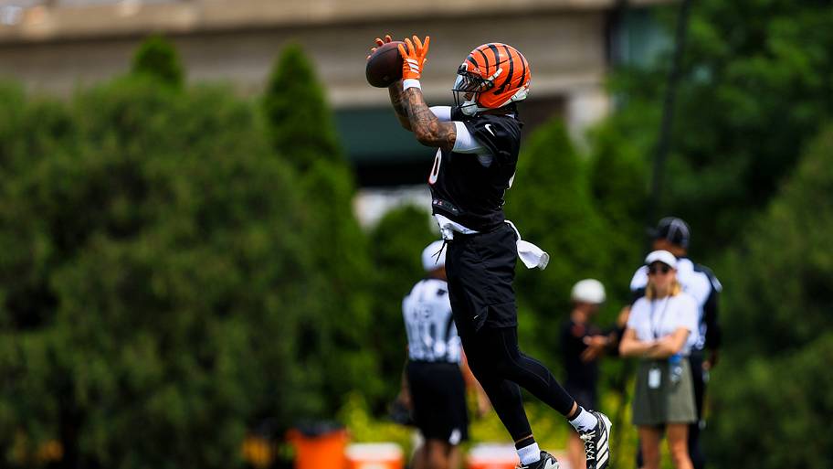 Bryan Cook catches a ball at Bengals minicamp.